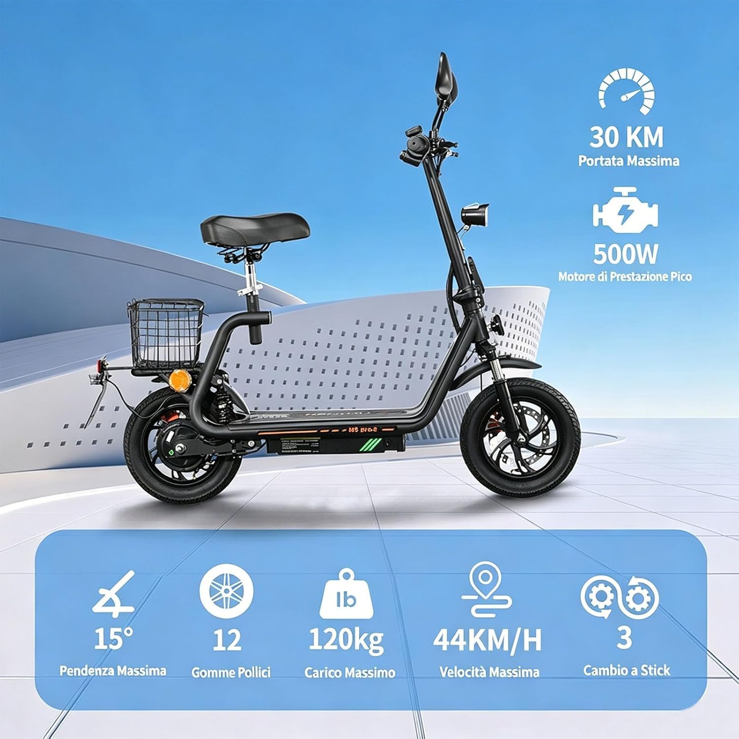 M5PRO-E Monopattino Elettrico Pieghevole, 48V 13 Ah, 30Km di Autonomia | Limite Velocità Sbloccabile,Display,Pneumatici 12",Sedile, Bauletto,Specchietti Retrovisori,Doppia Sospensione&Freno Disco