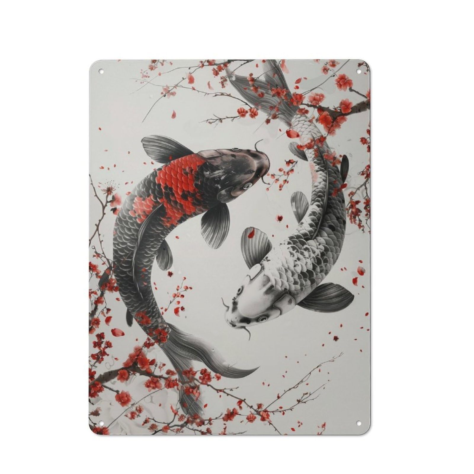 Junmoney Koi Fish Balance Cherry Blossoms Retro Tin Sign 40X30cm For Workshop Wall, For Collectors Of Retro Metal Wall Decor