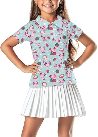 Girls Short Sleeve Golf Shirt Button Up Summer Tennis Shirts Golf Tops Outfit with Collar for Kids Teens Size 5-16
