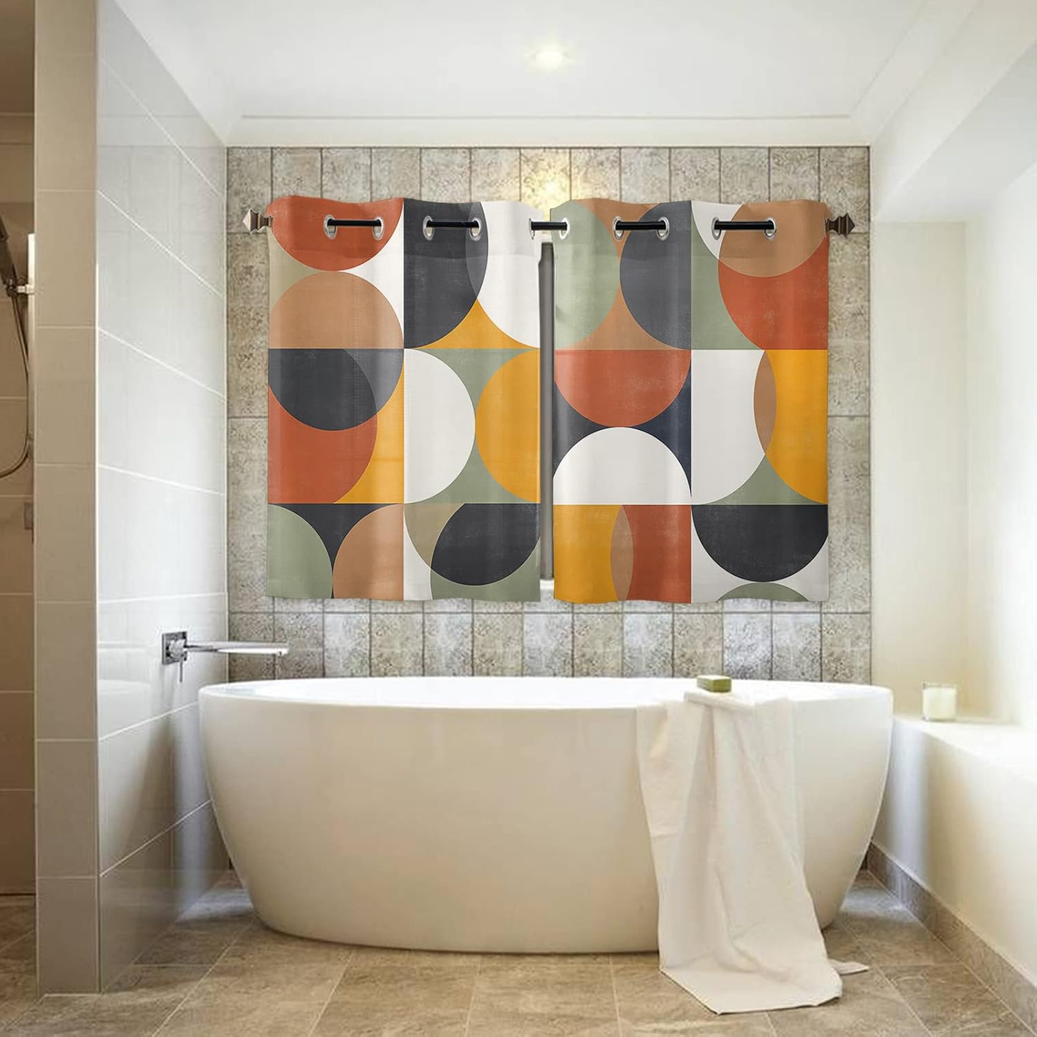 Mid Century Modern 63 Inch Length Drapes, Retro Orange Yellow Green Abstract Geometry Window Treatments Curtain Panels, Grommet Top, 2 Pack
