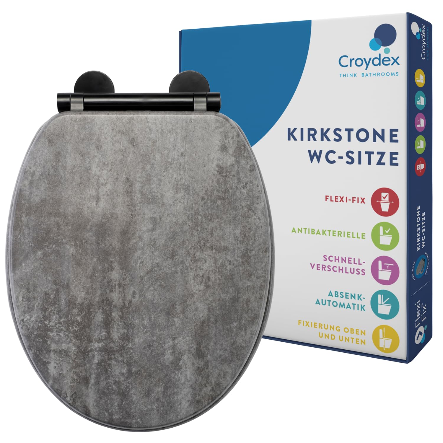 Croydex Kirkstone Toilettendeckel mit Absenkautomatik aus Holz – Flexi-Fix Einfache Montage - Schnellverschluss für einfache Reinigung – Antibakterieller klodeckel - Grau mit schwarzen Scharnieren