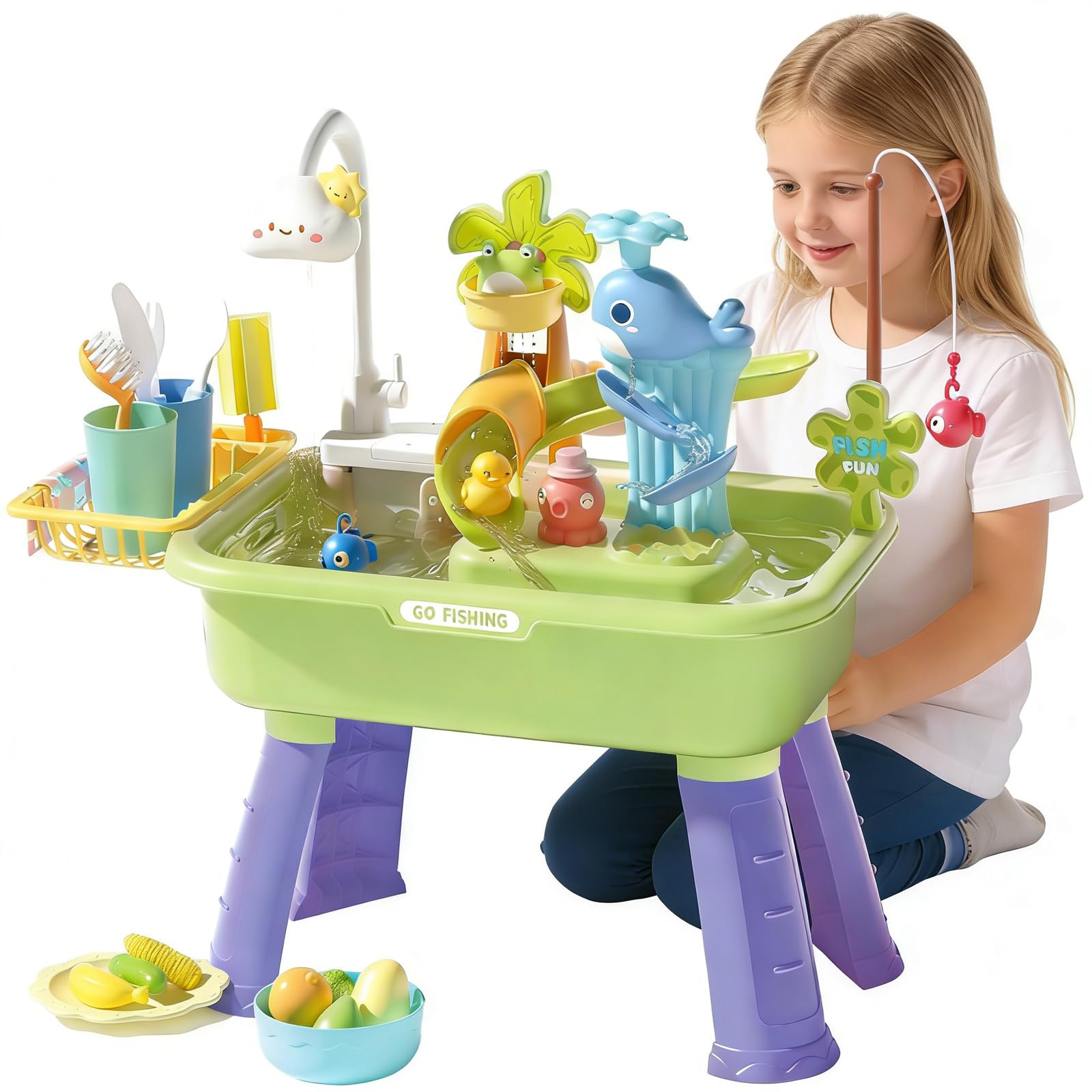 Toddler Water Table,Kids Electric Fishing Pond Water Table,Kids Water Table Electric Play Sink With Running Water Removable Table,emovable Legs, 180° Rotating, for Garden, Kindergarten, Home (Green)