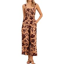 Allegra K Floral Jumpsuits for Womens Smocked High Waist Wide Leg Overalls