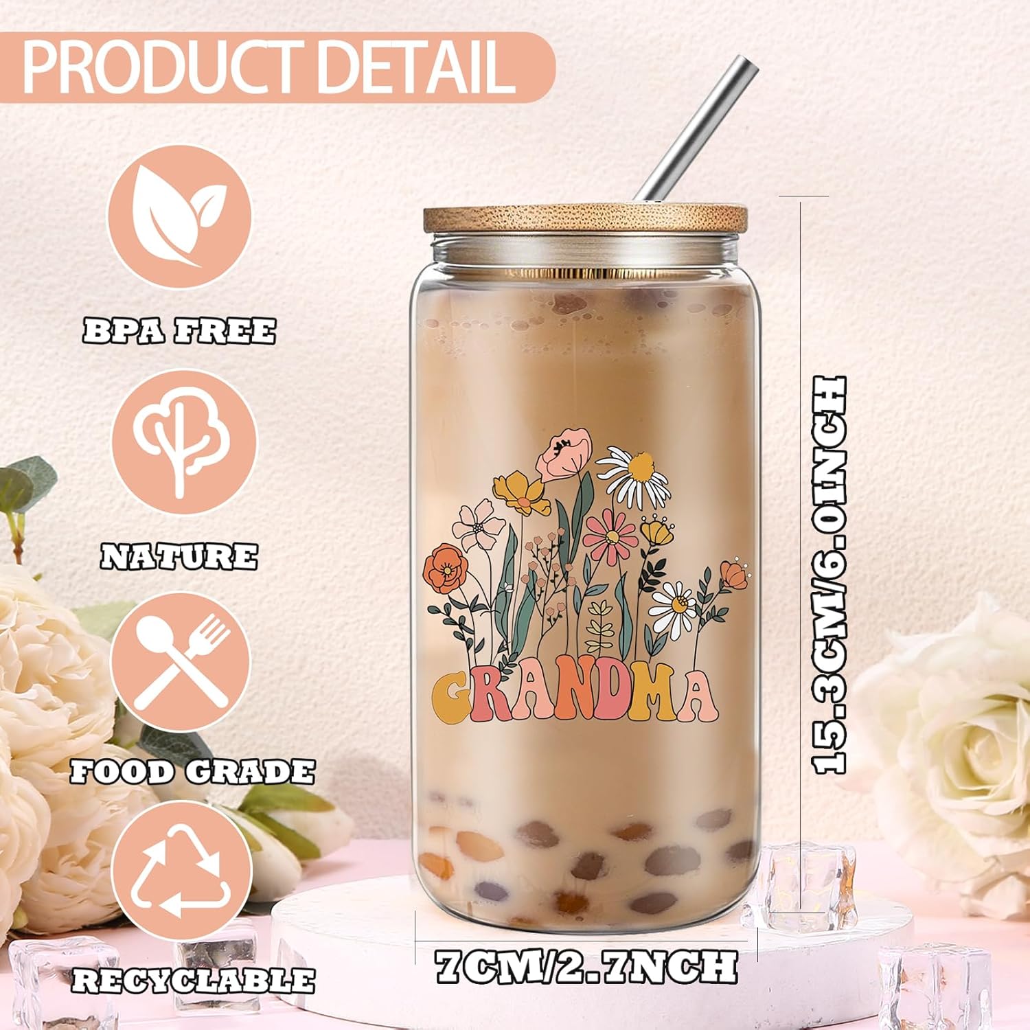 Grandma Christmas Gifts, Thanksgiving Gifts for Grandma from Grandchildren Granddaughter Grandson, Unique Godmother Birthday Gift Set with 16Oz Glass Cup Necklace - Image 3