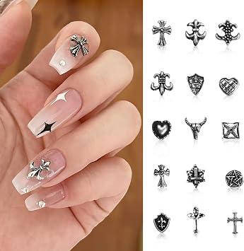 100Pcs Nail Charms Metal Punk Retro Cross Mixed Shape 3D Y2k Art Rivet Accessories Valentine's Day Jewels Decoration for Women Girls Nail Face Decoration Makeup Ornaments DIY Design Gothic Rose