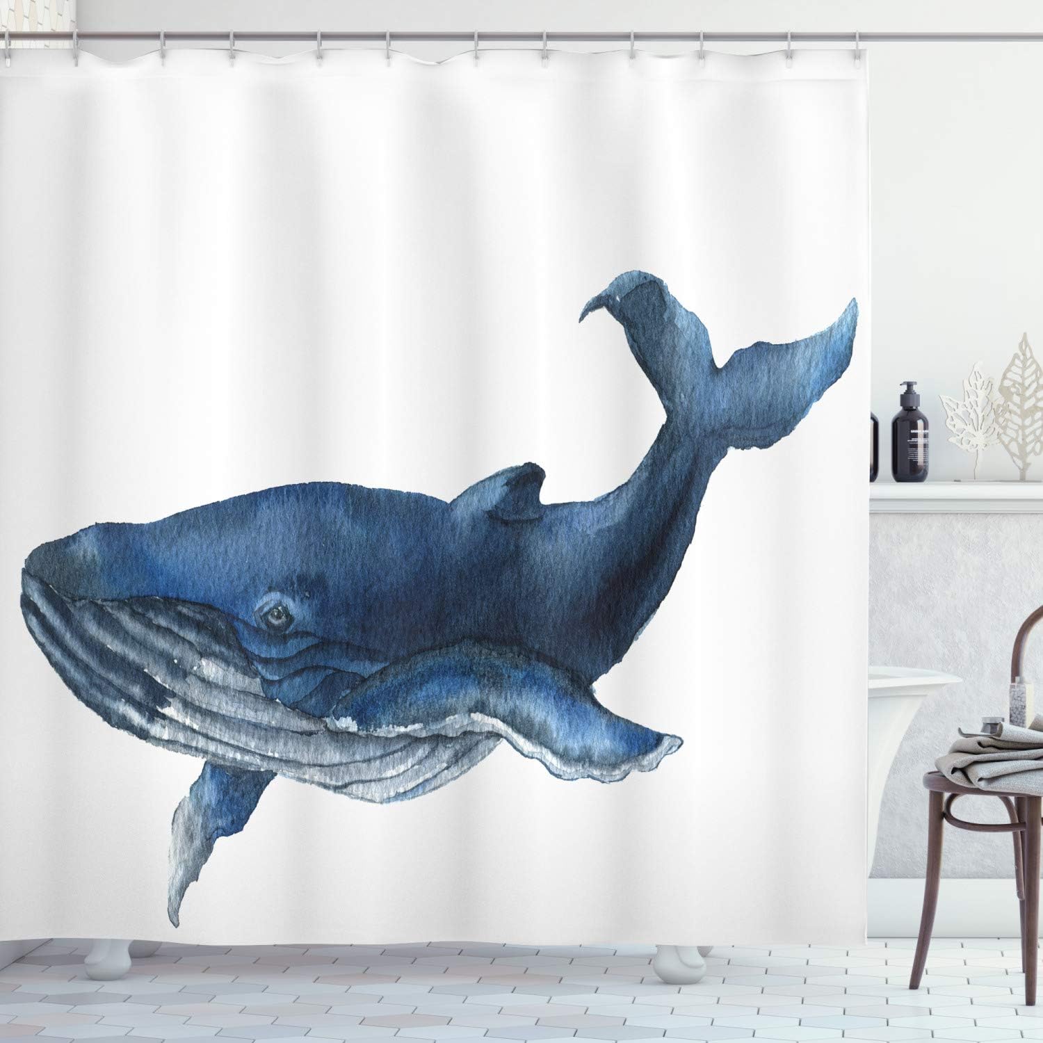 Ambesonne Whale Shower Curtain, Giant Fish Swimming Aquatic Marine Mammal Wildlife Defender Animal Display, Cloth Fabric Bathroom Decor Set with Hooks, 69" W x 70" L, Dark Blue Grey