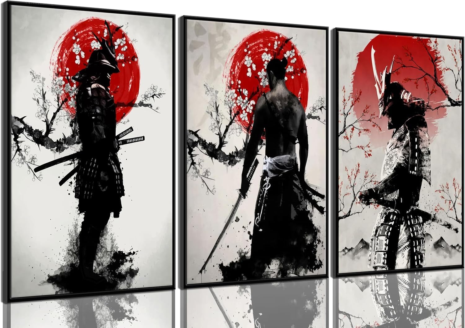 Bonbeau 3Pcs Japanese Wall Art Japan Warrior Figure Wall Decor Armored Samurai Posters Prints Asian Cherry Ninja Painting Pictures for Living Room Bedroom Canvas 40X60cm Unframed