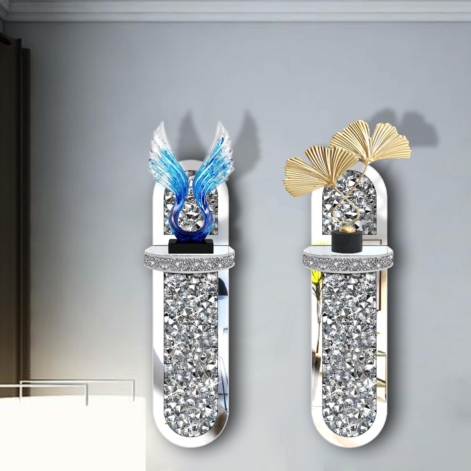 ZOLAPI Set of 2 Crystal Crush Diamond Candle Sconces, Gorgeous Silver Mirrored Wall Sconce,Oval Candle Holder Glass Wall Decorations for Home Décor, Living Room, Dining Room.