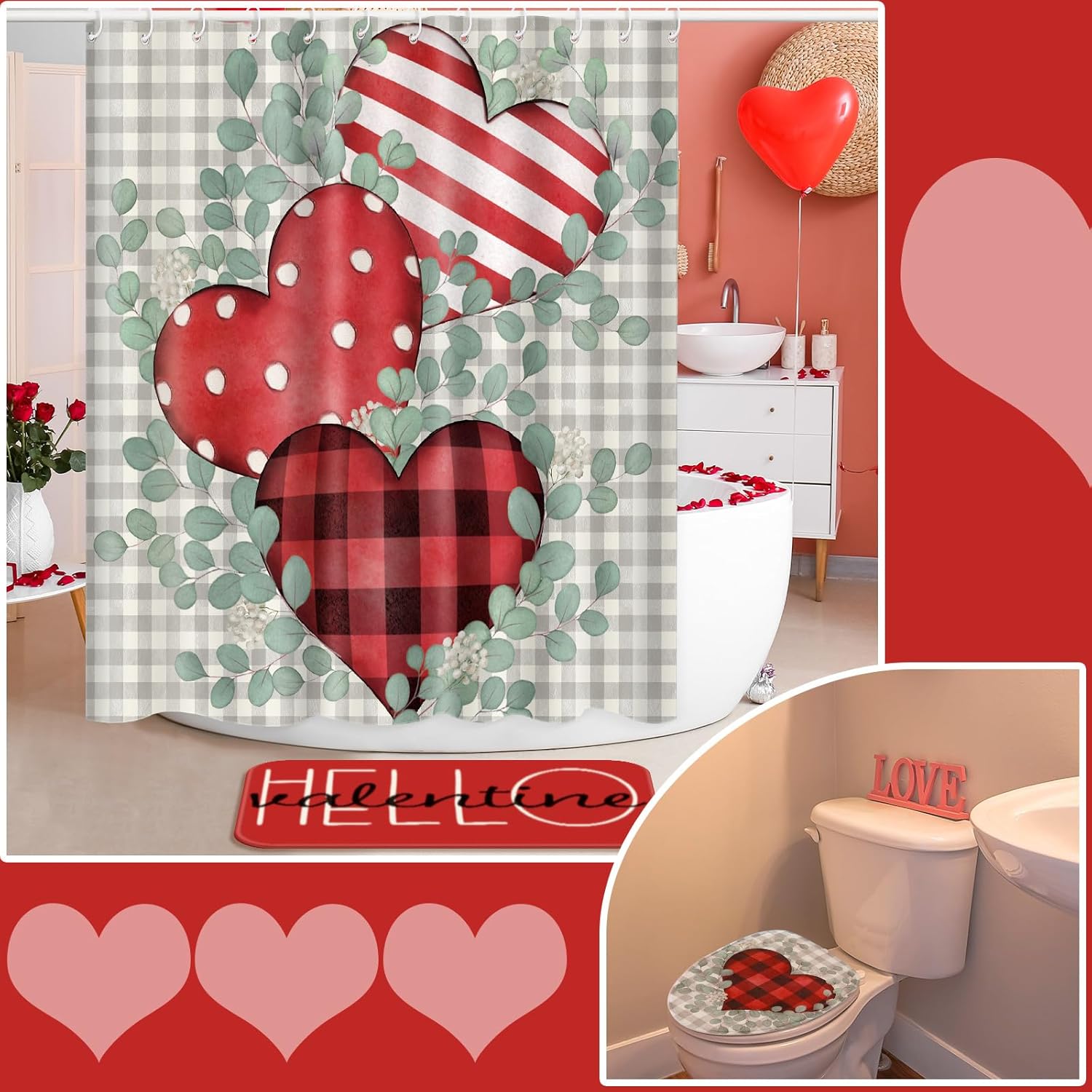 Rtteri 4 Pieces Valentine's Day Shower Curtain Set Valentine Bathroom Decor Hearts Sweet Love Couple Lover Watercolor Fabric with Non Slip Rugs Toilet Lid Cover Bath Mat U Shaped Mat Bathroom(Heart)