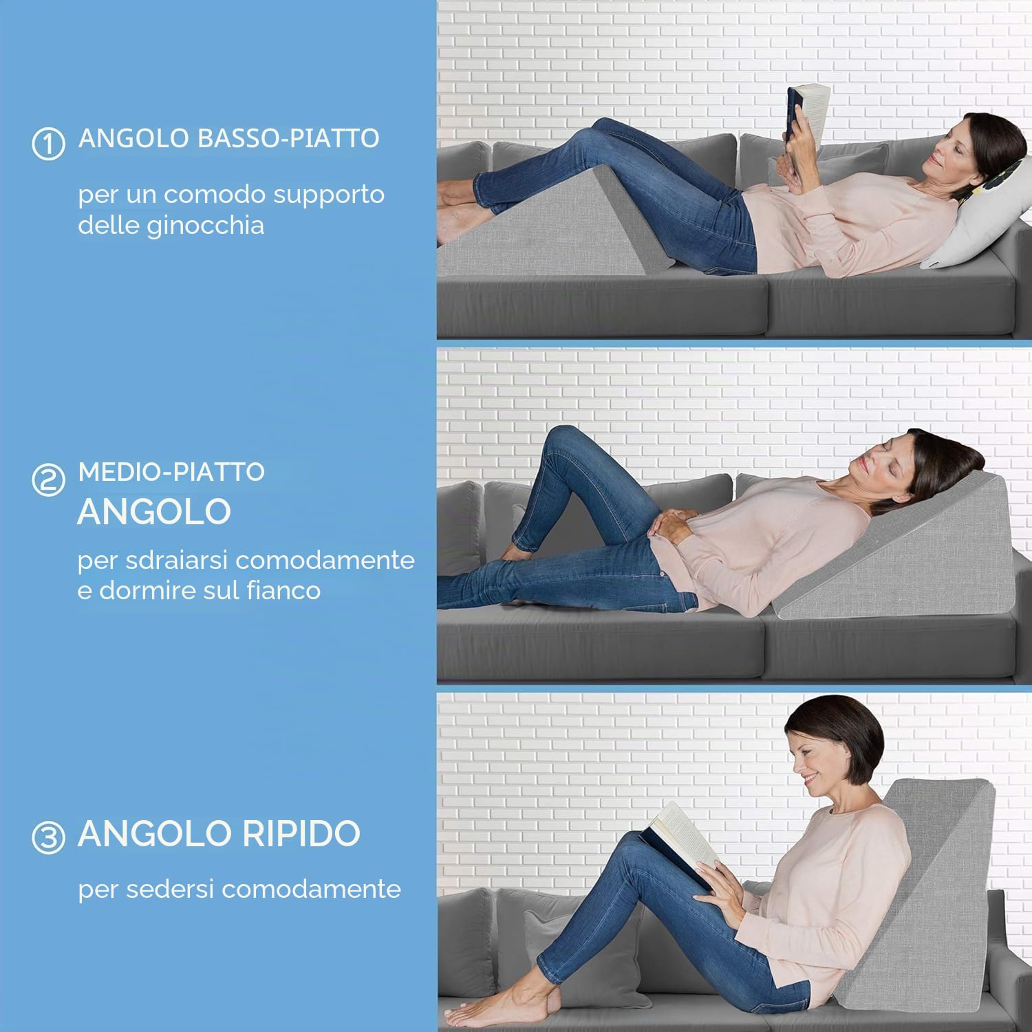 bonmedico Cuscino a Cuneo per Letto e Divano – Triangolare Ergonomico in Memory Foam – Supporto Schiena, Gambe e Postura, Relax, Lettura e Riposo – Adulti, Anti Scivolo, Fodera Lavabile