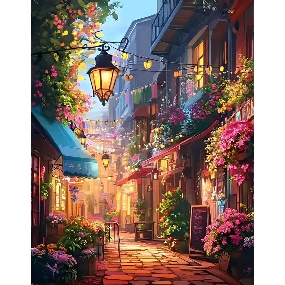 uuxsretaio Street Paint by Numbers for Adults,Flower Street DIY Acrylic Adults' Paint-by-Number Kits, Easy Painting by Numbers Art and Crafts for Present Home Wall Decor 16x20 Inch