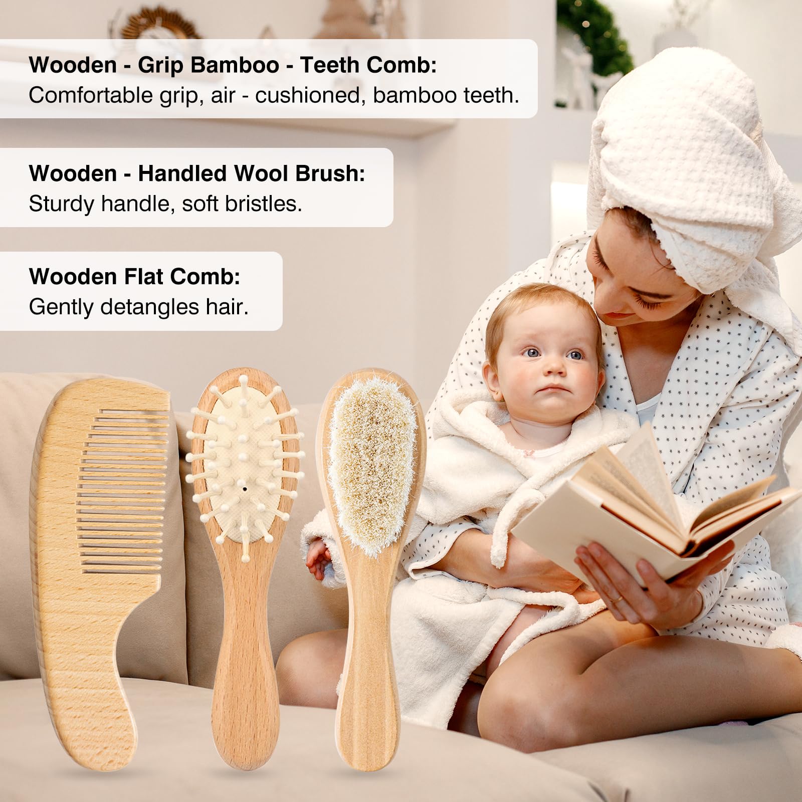 Juego de cepillo y peine de madera para bebé, 3 piezas, peine plano de madera de haya, cepillos de tilo con cerdas de lana suave y peine de cojín de aire de bambú, regalo ideal para
