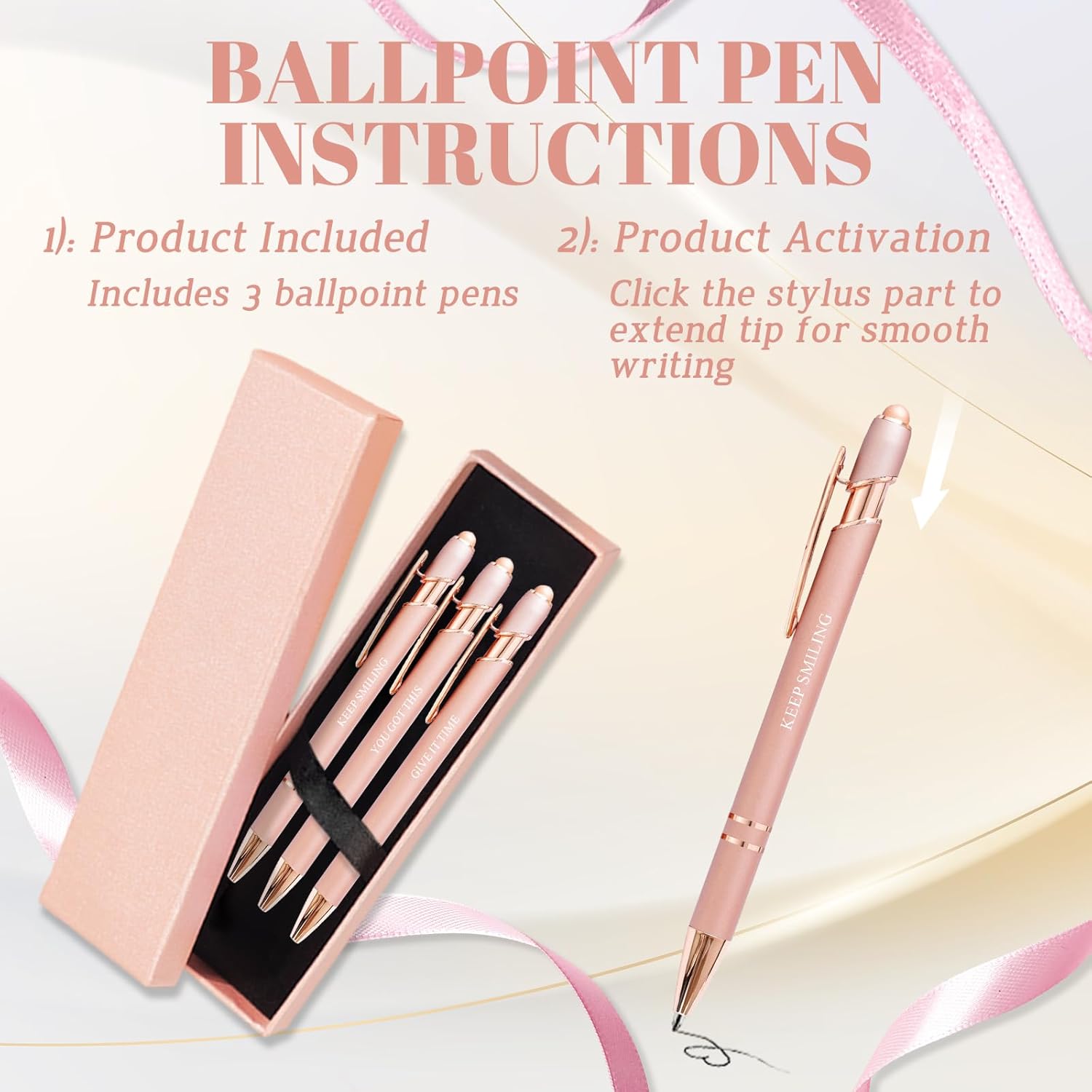 YUNCHUN 3PCS Fancy Ballpoint Pen Sets for Women, Cute Ball Pens with Positive Attitude Words, Best Pretty Black Ink Pens, Elegant Nice Writing Professional Pens for Women, Pink - Image 7