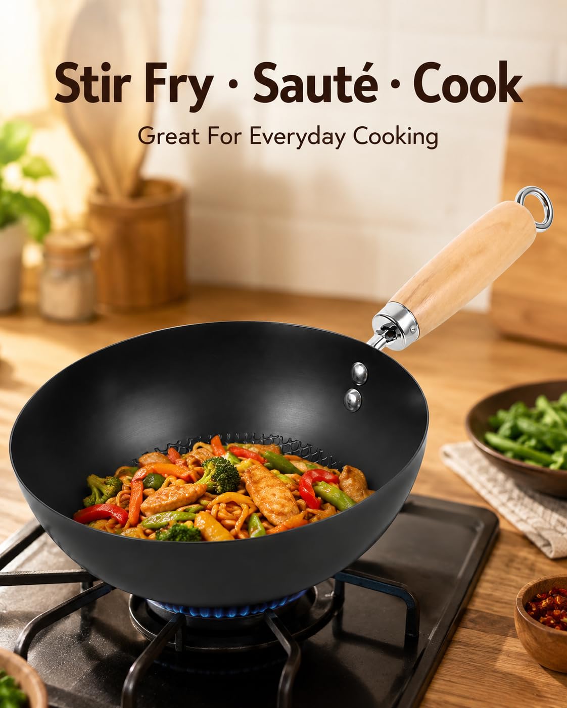 Cabilock Mini padella wok in ferro battuto, 20 cm, piccola padella wok antiaderente per fornello a gas giapponese padella tradizionale per friggere piano cottura a gas a induzione