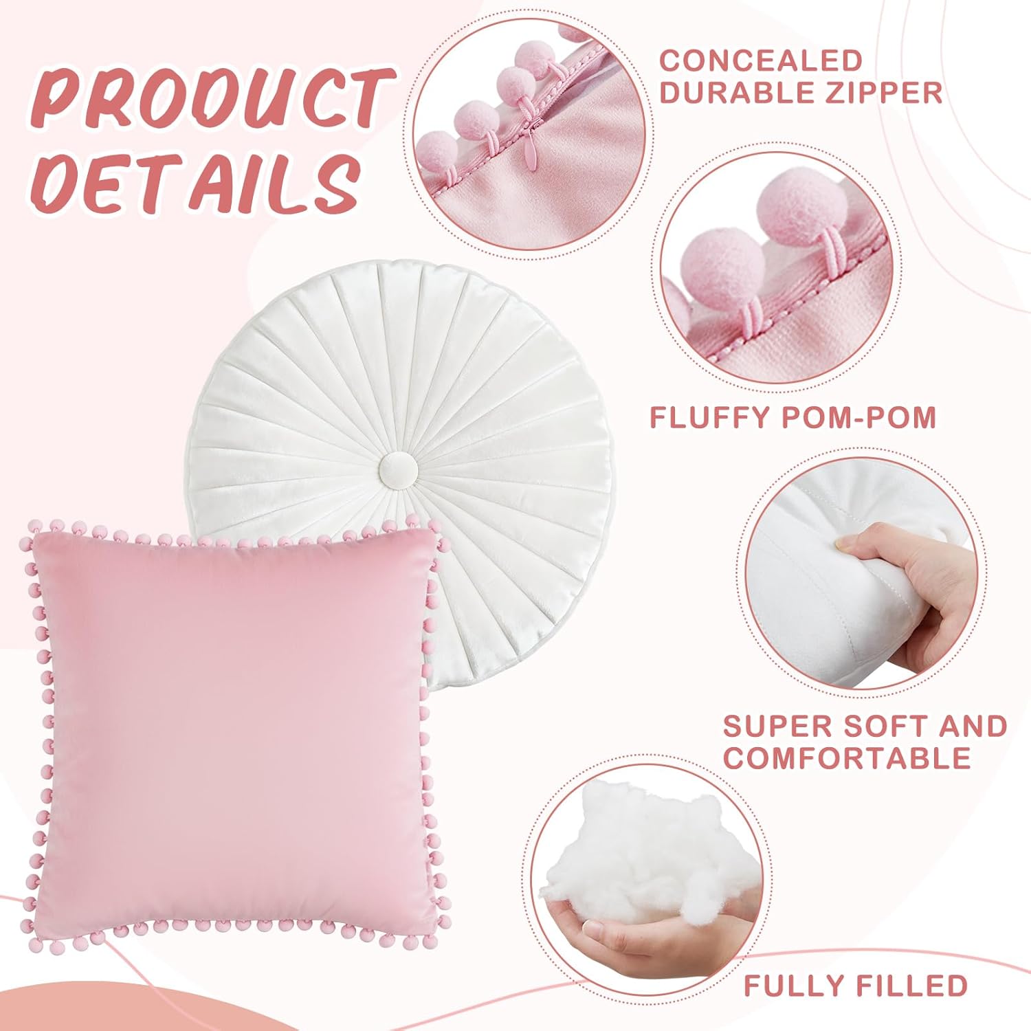 8 Pcs Picnic Throw Pillow 15.75" Velvet Cushion for Camp Wedding Birthday Supplies Pink Pom-poms Square Cushion White Pumpkin Round Pillows for Couch Farmhouse Bed Home Indoor Decor