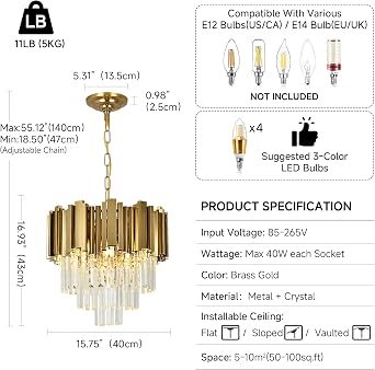 Modern Crystal Chandelier Gold Pendant Light Fixtures, Small Crystal Pendant Lighting for Entryway, Corridor, Balcony, Porch, Restaurant, Door Opening, E27 x 3, Φ40cm