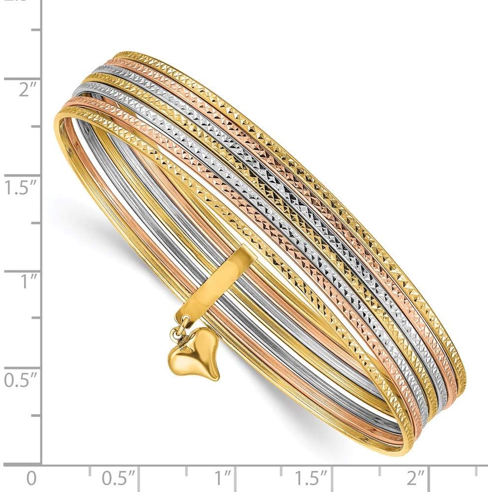 DEWBERRY 14K Three Tone Gold w/Dangle Heart Tri-color Set of 7 Textured Slip-on Bangles (Weight : 10.21 GM, Length : 8 IN, Width : 11 MM)
