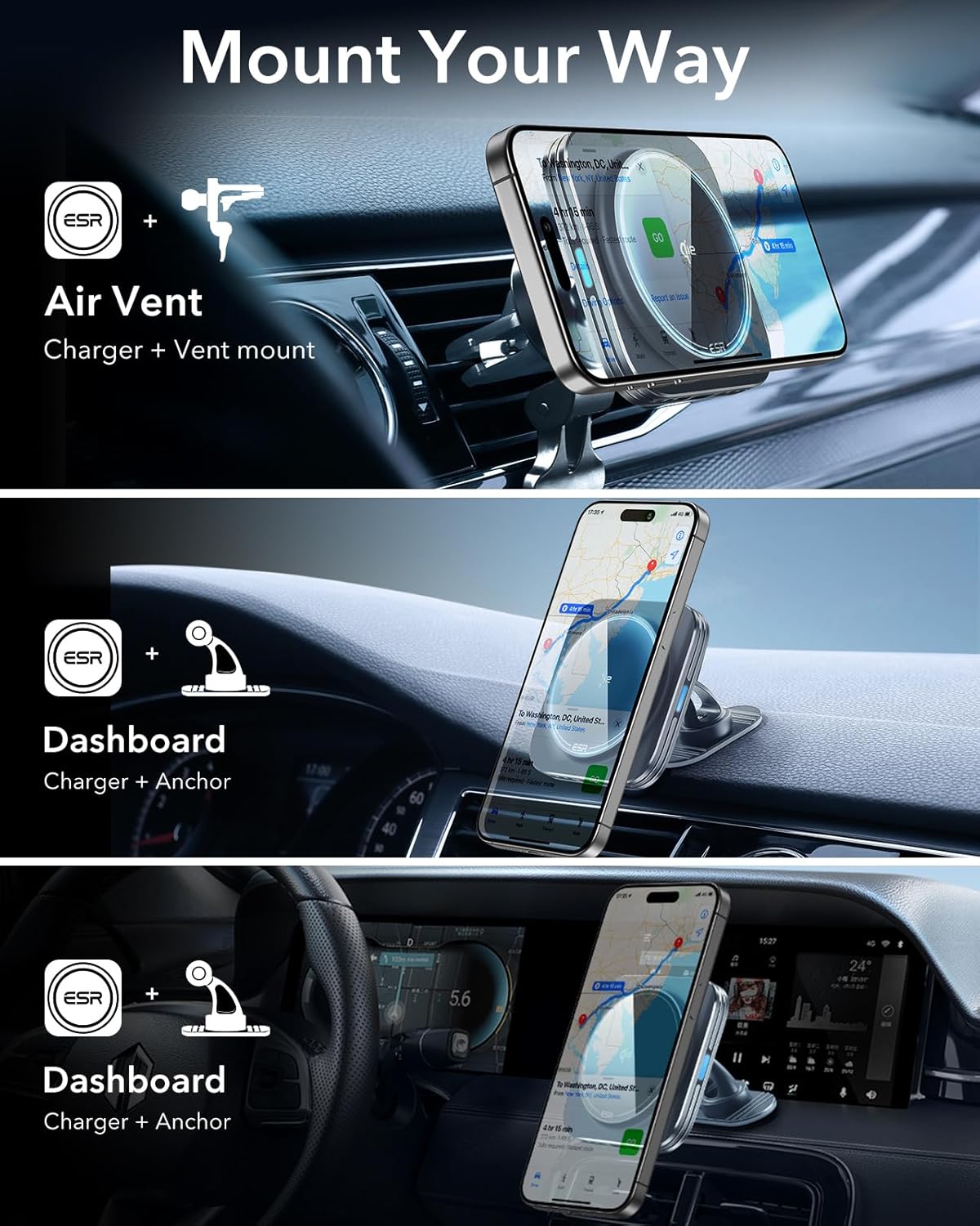 ESR for Qi2 15W MagSafe Car Mount Charger, Qi2-Certified MagSafe Car Charger, Air Vent/Dashboard Magnetic Wireless Car Charger,Car Phone Holder Mount for iPhone 16/15/14/13/12/Galaxy S25,Fast Charging