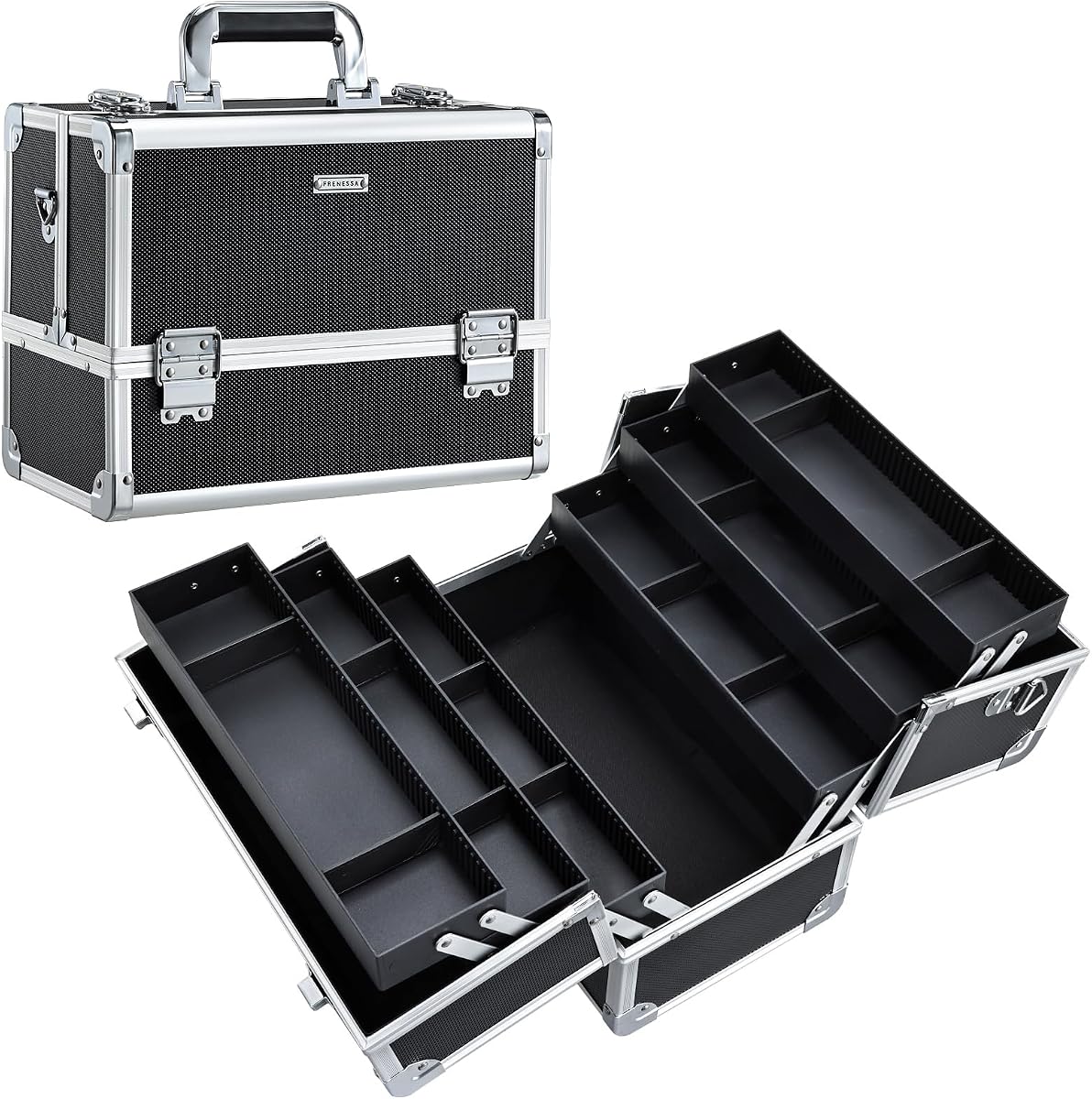 Estuche de tren de maquillaje Estuche de maquillaje Organizador de caja de cosméticos grande de 12,6 pulgadas Almacenamiento de viaje Estuche de transporte de tren de maquillaje profesional con 6 bandejas Correa de hombro con bloqueo Almacenamiento de tocador duro Negro