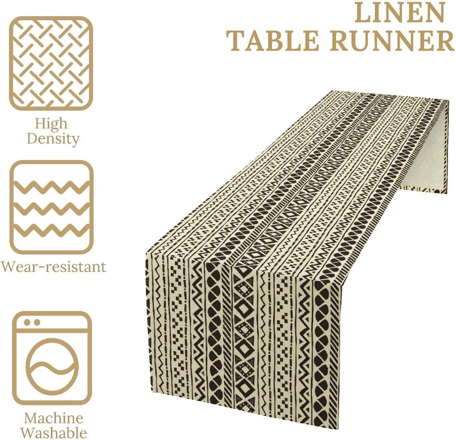 African Mud Cloth Table Runner, Traditional Africa Ethnic Tribe Black White Beige Aztec Geometric Pattern Kitchen Dinning Table Runner for Indoor Outdoor Home Party Holiday Decor, 13x108 Inch