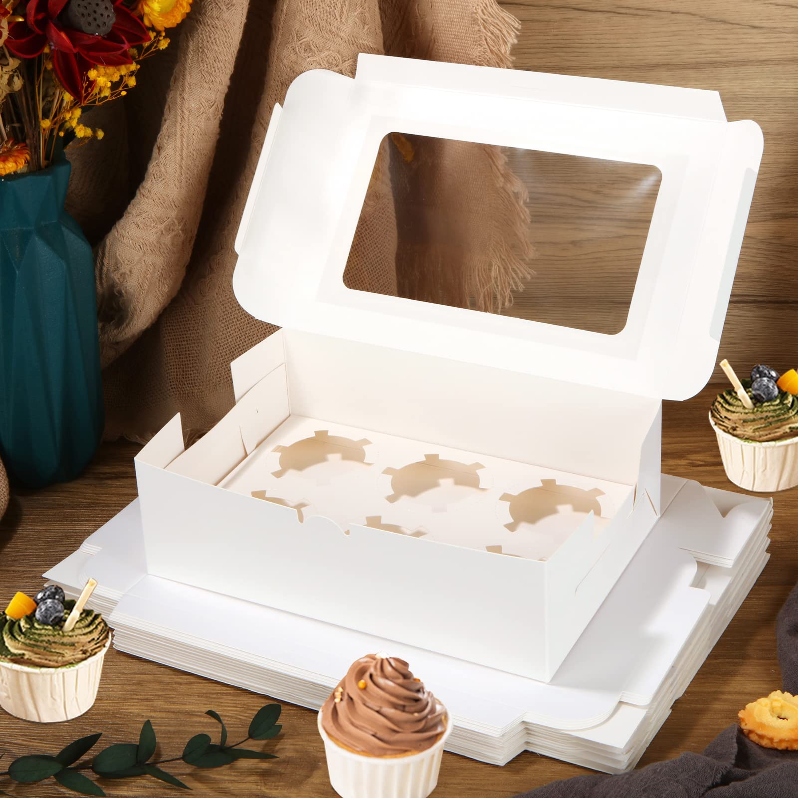 Scatole Cupcake 6 Fori Con Finestra - Con Inserti Anti-scivolo Per Muffin E Pasticcini | Set Da 20 Pezzi Marrone - Foto 6