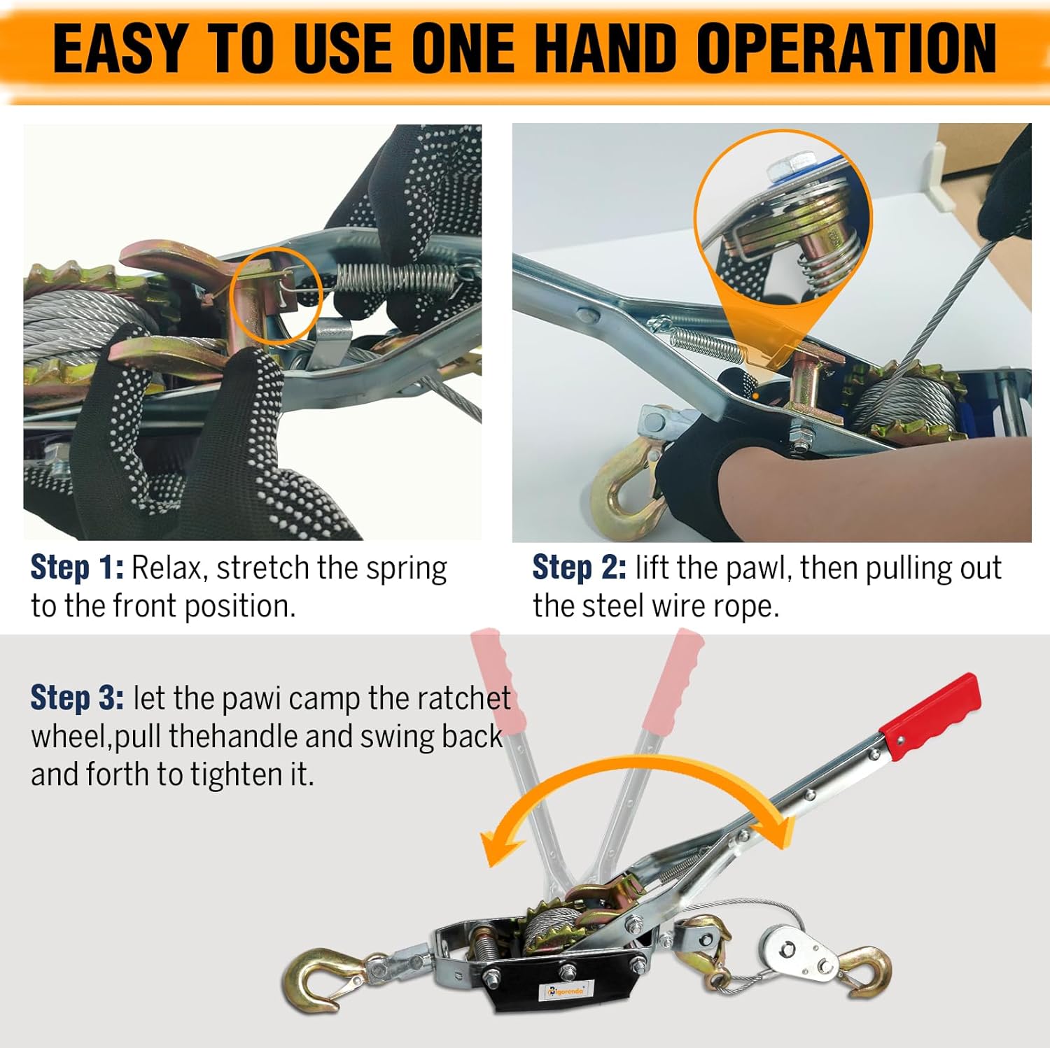 Come Along Winch 4T, Cable Come Along Tool with 10FT Steel Cable,Heavy Duty 3 Hook Steel Cable Dual Gear Power Puller, Hand Winch Cable,Recovery Gear, Hoist Cable Puller for Vehicle Rescue