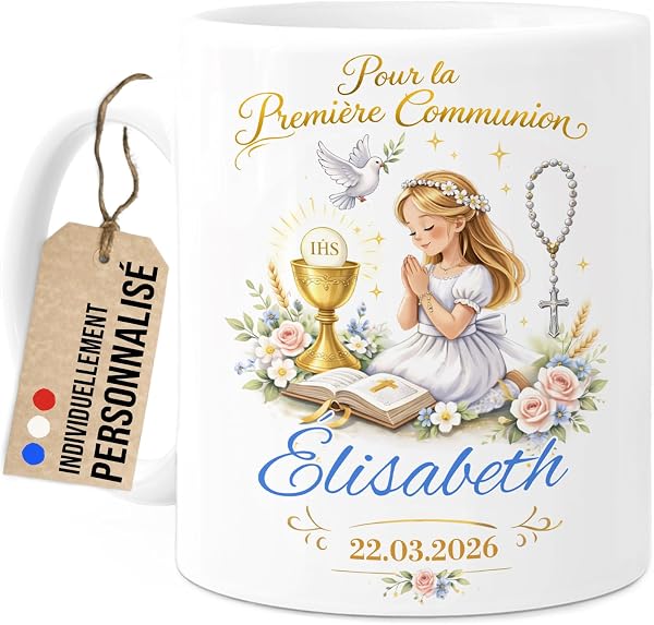 Tassenliebling Cupdarling – Communion 2026 Tasse personnalisable - Pour La Première Communion - Cadeau Prénom Communion - Tasse Céramique Personnalisée - Tasse café thé 330ml - Fille (blanc) - 1
