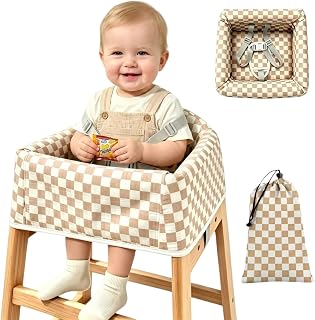 Muslin Baby High Chair Cover for Restaurant & Travel-Checkered | 3-Layer Comfort，Waterproof Non-Seeping Highchair Seat Pad Liner with 3-Point Security Strap Fit for Wooden High Chairs