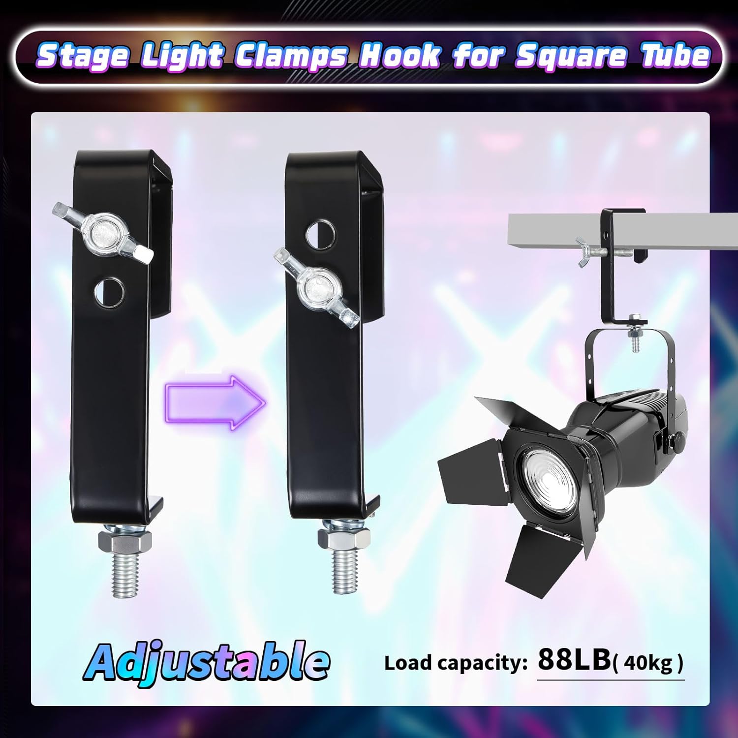 Zonon 4 Pack Stage Lighting Truss Clamp Hook for Square Tube Galvanized Iron Truss Clamps for LED Lights Spotlight, Moving Head Beam Square Tube Clamp, Heavy Duty 88 Lbs /40 kg (Black)