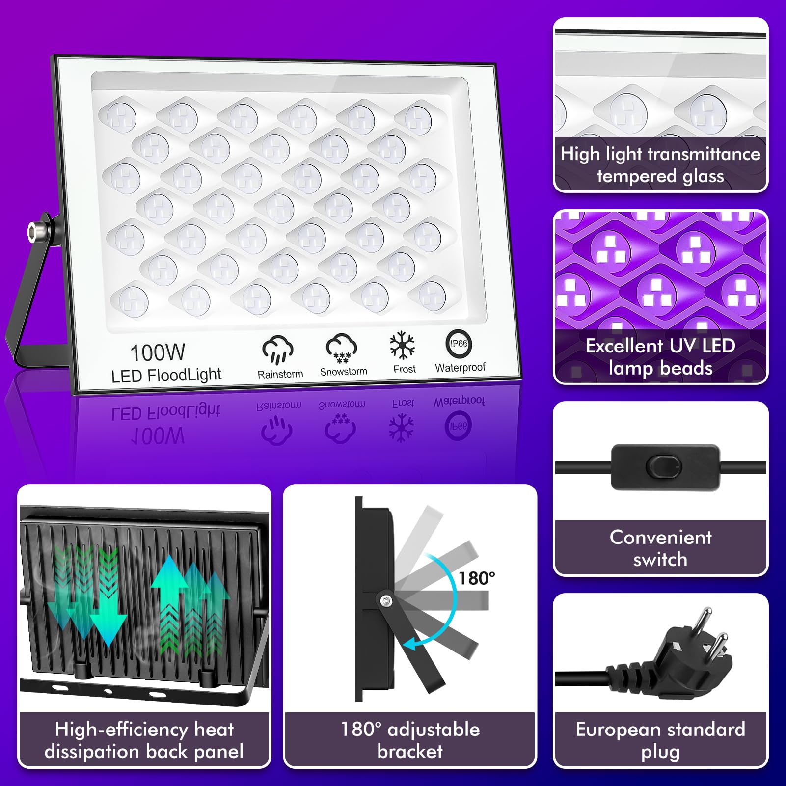 100W LED Luz Negra, Luz Ultravioleta con Enchufe, 1.5m Cable, Interruptor, 385-400NM Luz Negra Ultravioleta, IP66 Impermeable Luz UV Fiesta de Navidad, Halloween, Fiesta, Pintura Corporal