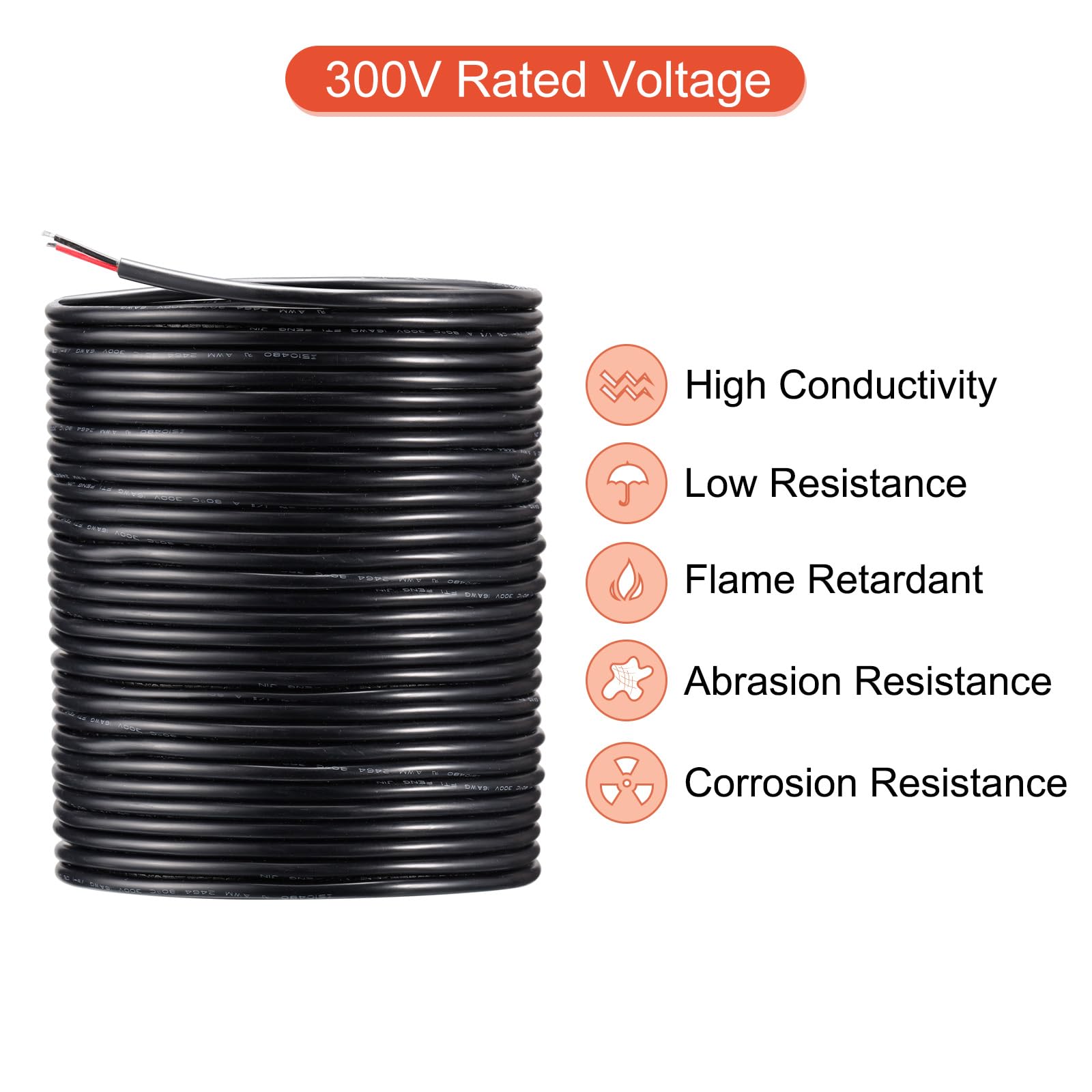 sourcing map Alimentación Cable 2 Conductor Eléctrico Cable 18AWG 100 Pies 30,5 Metros UL2464 Eléctrico Cable PVC Cordón Cobre Cable para LED Tiras Lámparas Iluminación