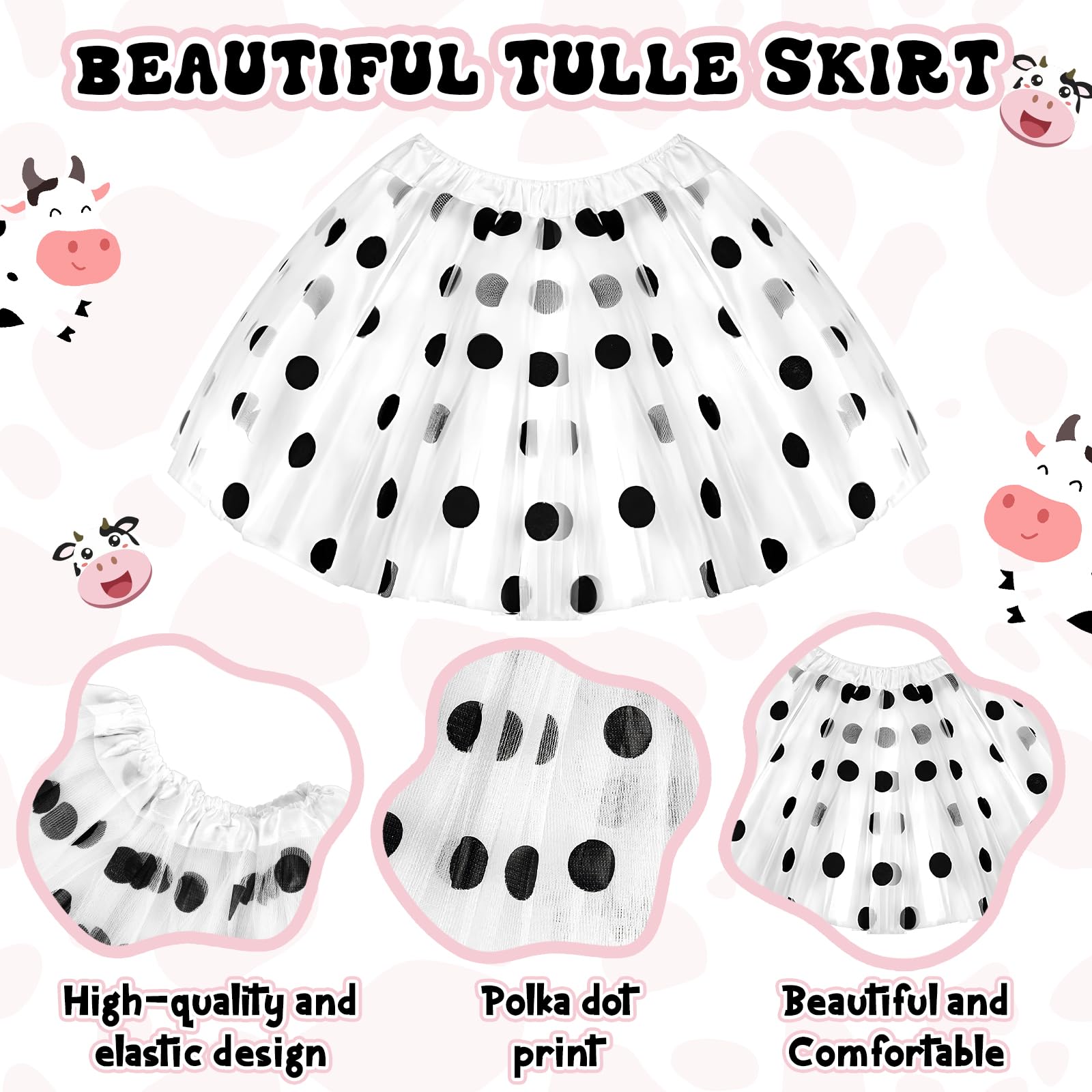 Jokureao 5Pcs Kids Cow Costume Set, Cow Costume Kids with Cows Ears Headband, Tutu Skirt, Tail, Gloves - Image 3