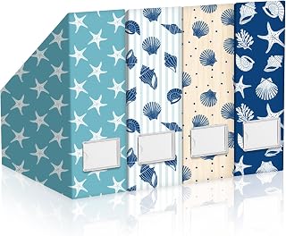 AmazingSpark Coastal Set of 4 Magazine File Holder Decorative | Foldable Magazine Storage Boxes with Acrylic Label holders coquettish Boho organizer for office home Organization Storage
