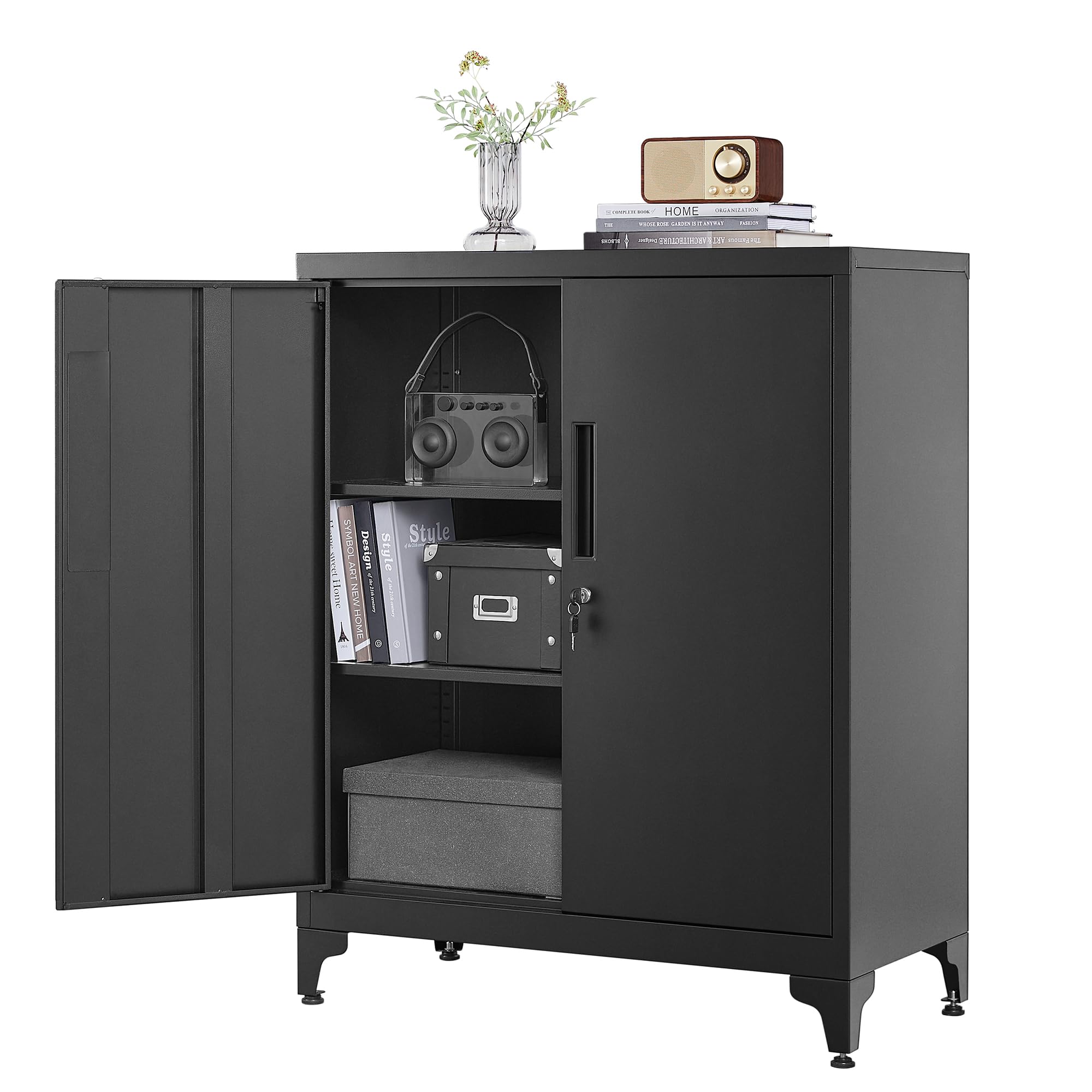 SONGMICS Multipurpose Steel Storage Cabinet with 2 Lockable Doors and Shelves for Study, Living Room, Garage, Office, Black OMC013B01