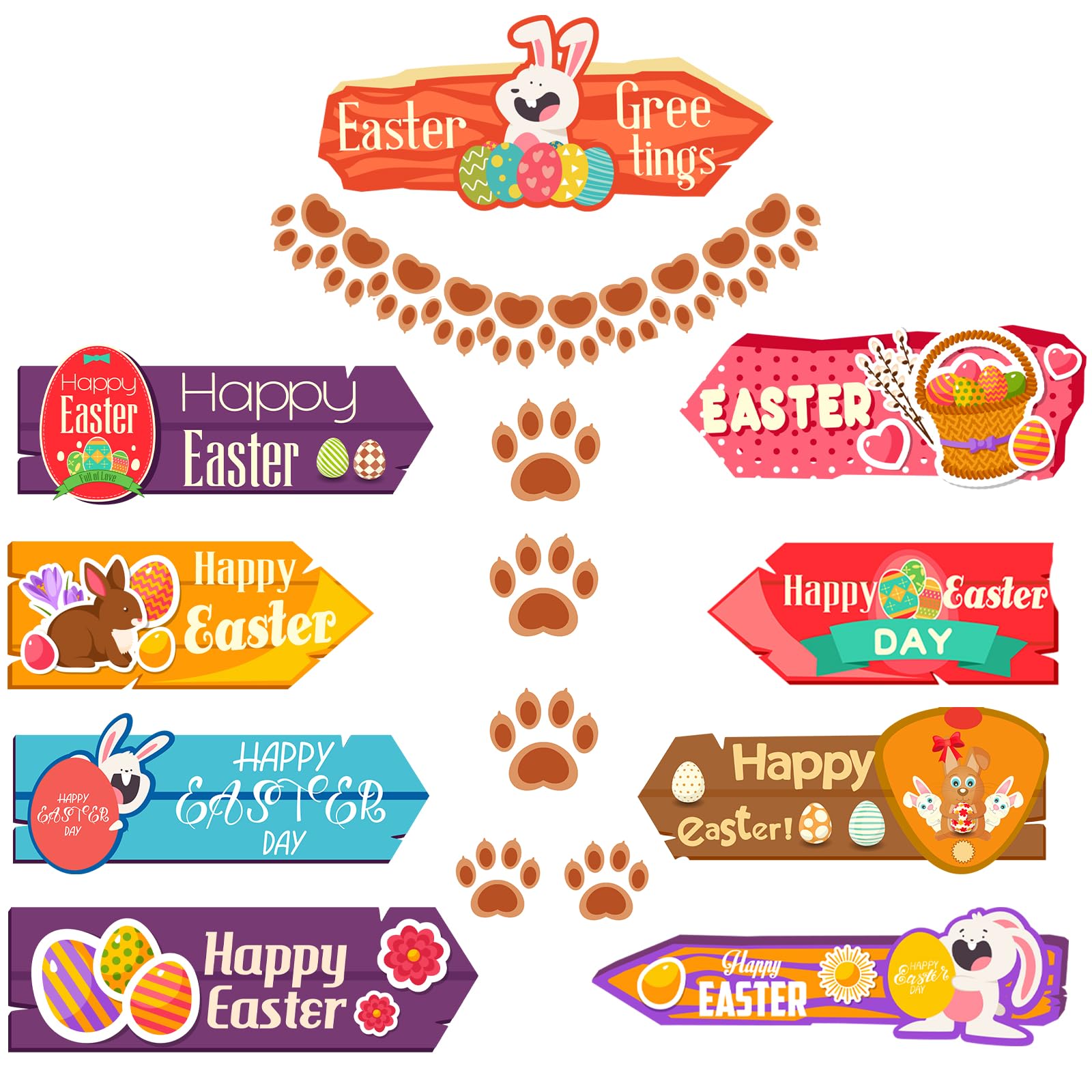 MOECSHSY Easter Hunting Arrows Kit -9 Pack Easter Egg Hunt Signs with Sticks and 20pcs Bunny Footprints for Easter Garden Decoration,Easter Party Game Supply (Multicolor1)