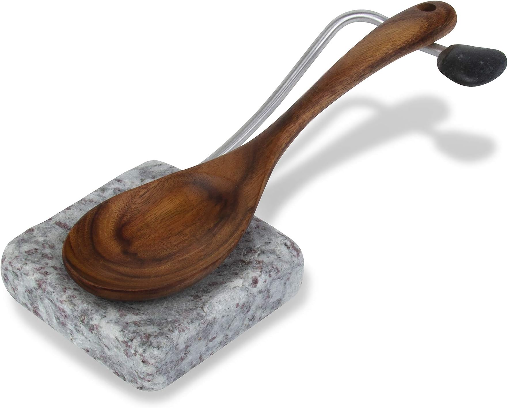 Sea Stones Nestle - Granite, Multipurpose, Kitchen Utensil Rest with Wooden Utensil - Perfect for Dining Tables, Counter Tops & More - Use for Ladles, Spoons and other Cooking Essentials - 2 pc