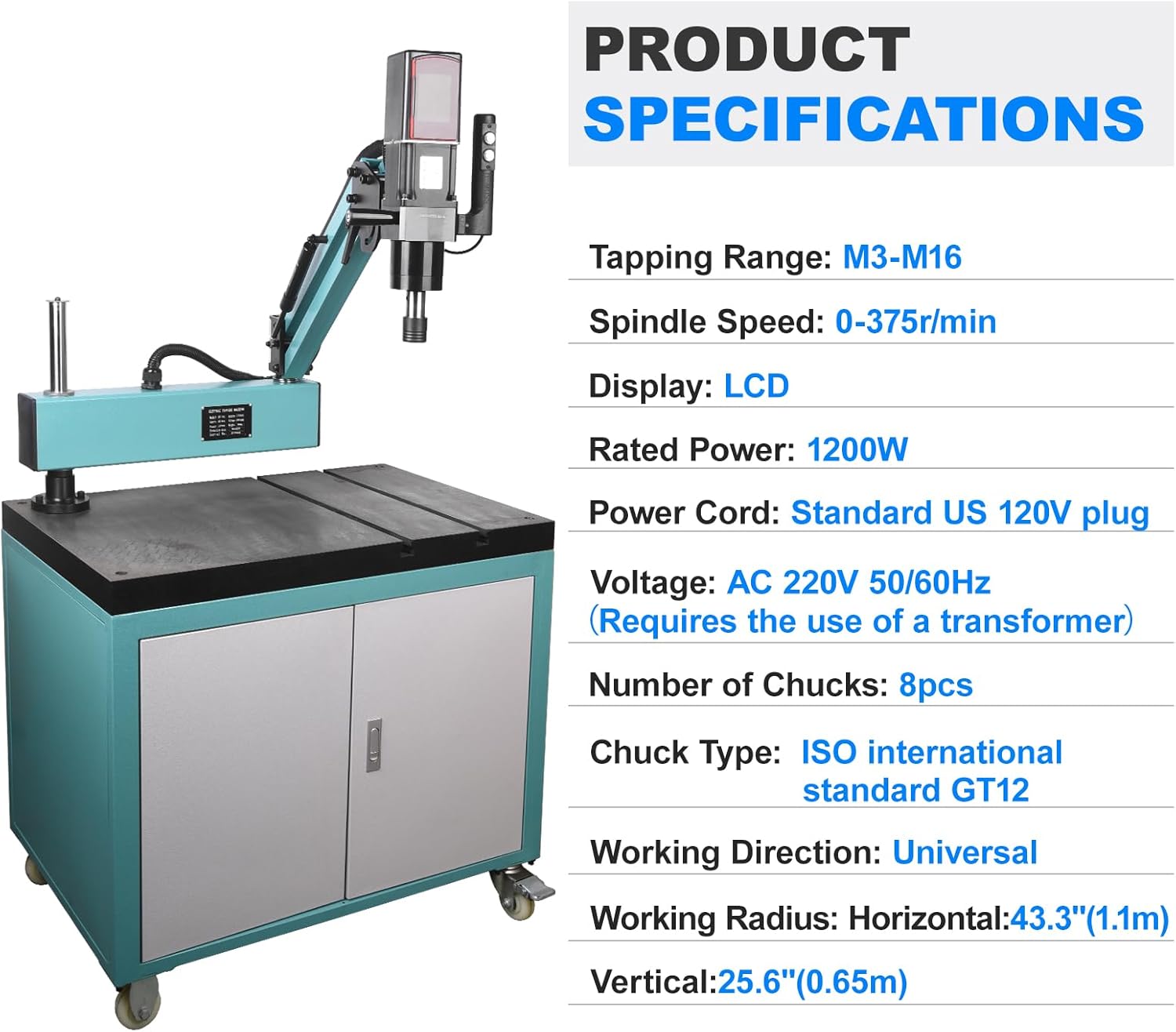 Doppy Electric Tapping Machine M3-M16,360° Multi-directions Tapping Machine 0-375rpm/min,8PCS Collets,Rated Power 1200W,Voltage AC 220V,for Machinery Manufacturing,Mould machinery and other industries