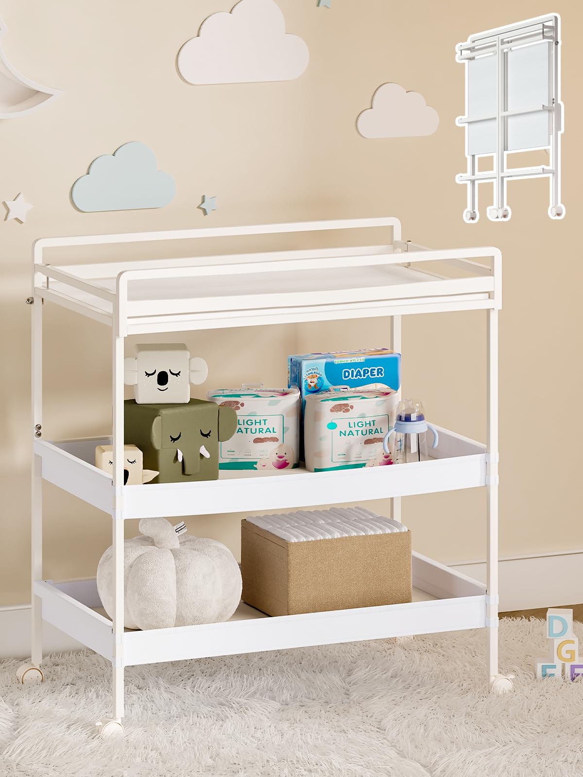 Cambiador de bebé plegable VBABY con ruedas, estación de cambio de pañales certificada con cajones de almacenamiento, mesa de pañales compacta y portátil 3 en 1 para guardería, color blanco