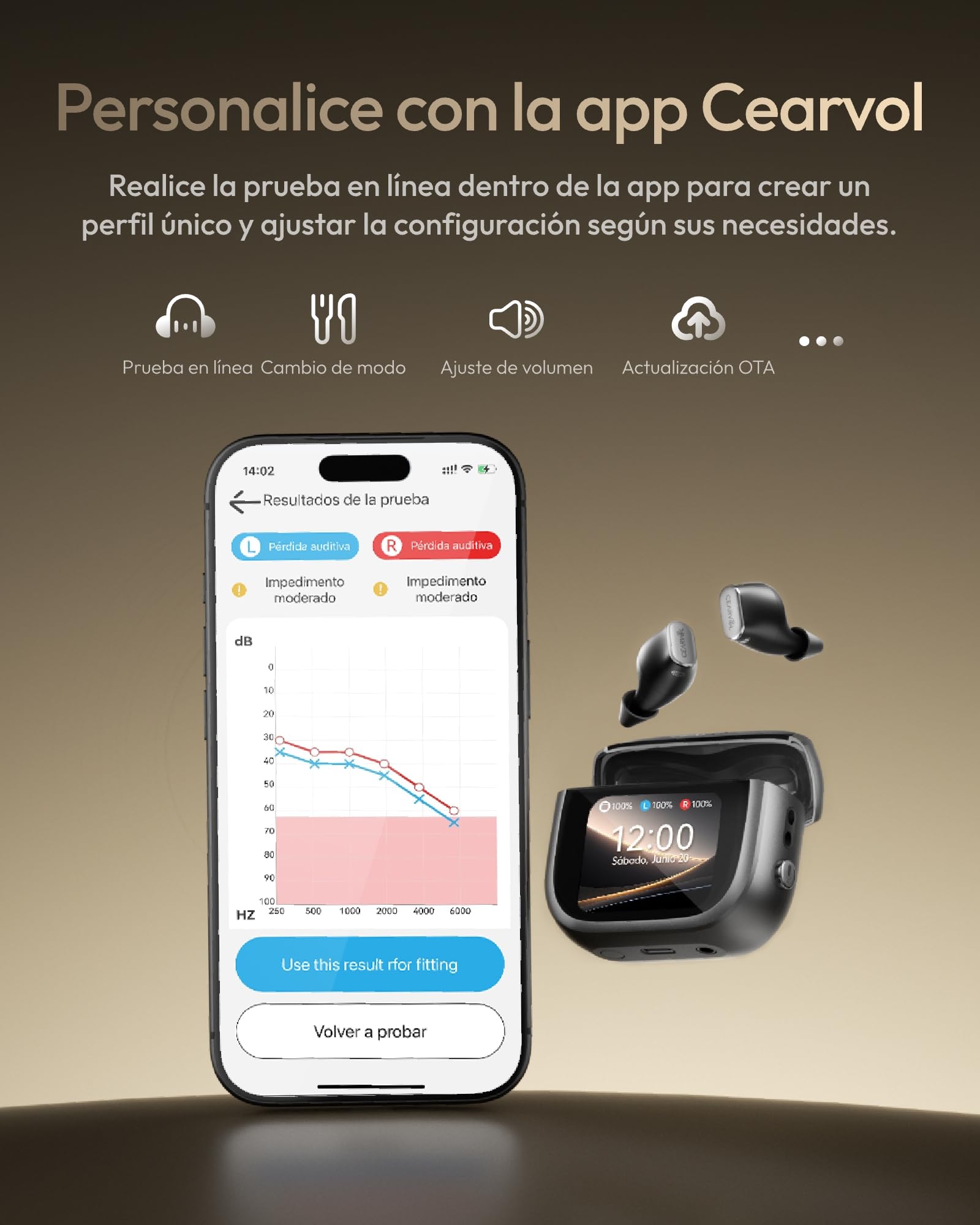 Wave Amplificador de Sonido, Estuche con Pantalla Táctil, NeuroFlow AI 2.0, Conexión Bluetooth Dual, Transmisor Directo para TV con Entrada AUX (Negro)