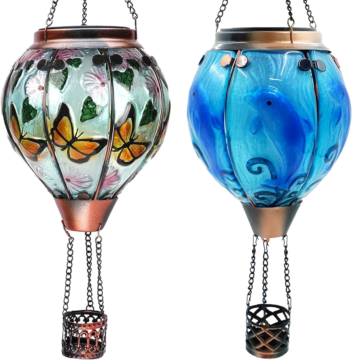 2PCS Glass Solar Hot Air Balloon Lanterns with Flame Hanging Garden Flickering Light Outdoor Waterproof for Yard Patio Tree Mother's Day Gift, Butterfly+Dolphin