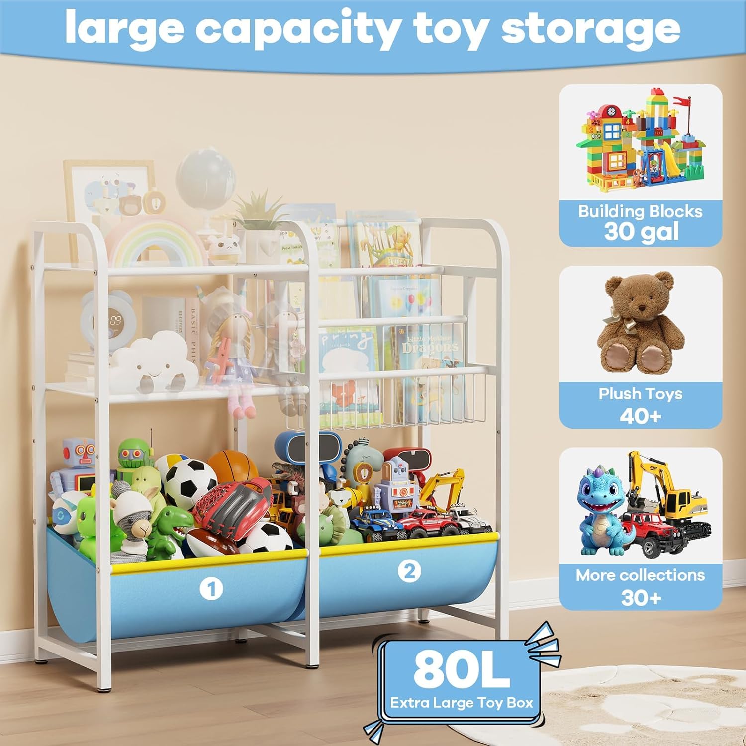 3 in 1 Kids Bookshelf and Toy Storage Organizer, Baby Montessori Bookshelf Book Organizer for Kids, Toddler Book Display Shelf Ideal for Classrooms, Playrooms and Nurseries (Light Blue) - Image 4