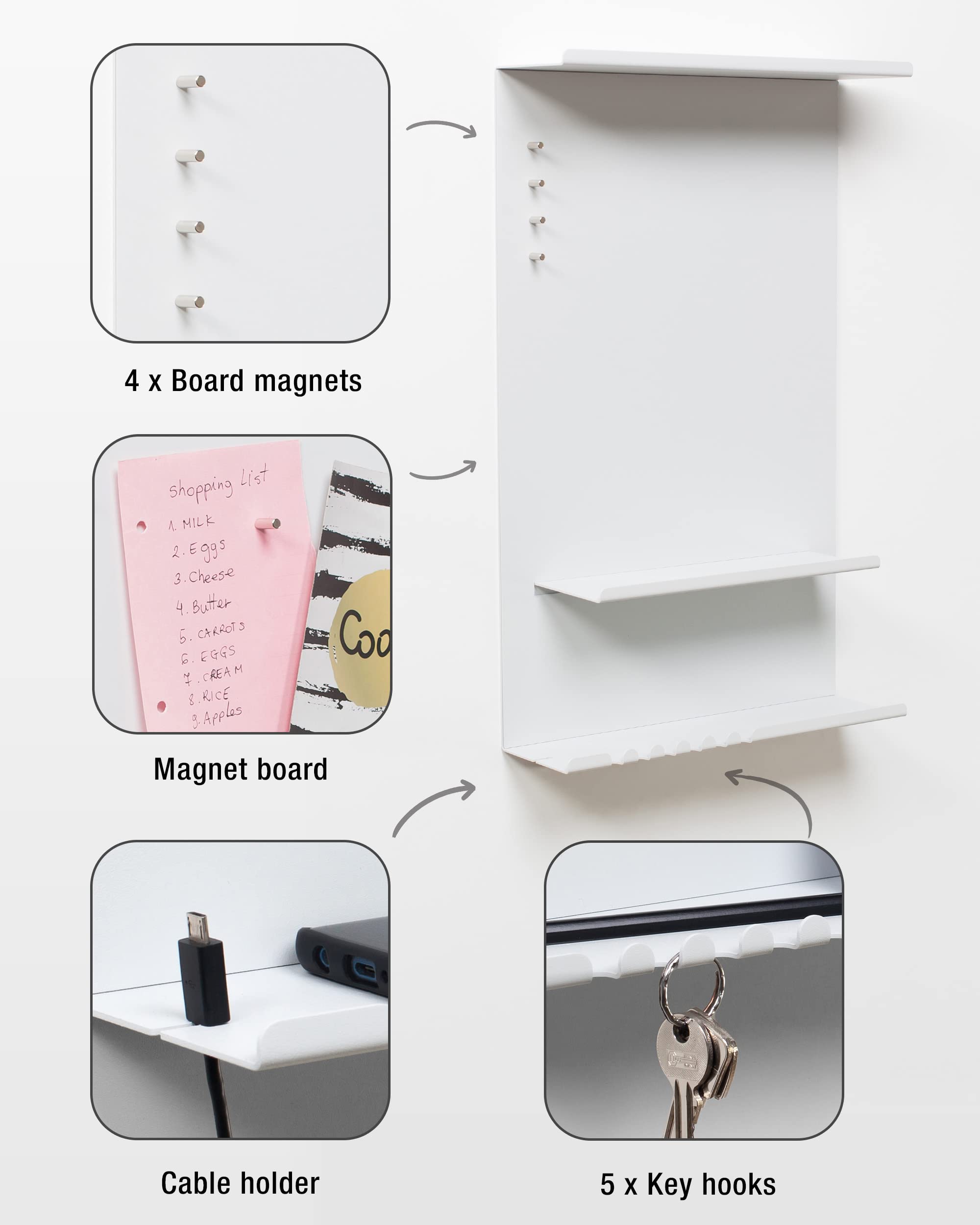 byde Organizer Ścienny Hele Wykonany z Metalu 30 x 9 x 49 cm Półka Ścienna 3 w 1 z Tablicą Magnetyczną i Magnesami. Organizer na Klucze i Notatki. Montaż na Ścianie z Szablonem Montażowym. Kolor Biały