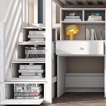 Su & Chan Legence High Sleeper Bed with Desk, Loft Bed with Wardrobe, Kids Single Bed with Storage Stairs and Shelves, Wooden Slatted Frame, No Mattress, 90 x 190cm, White