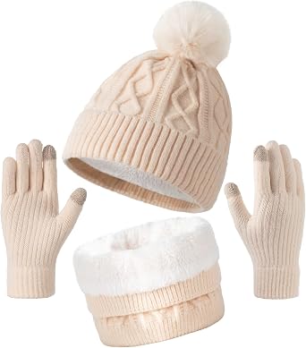 Winter Beanie Hat Circle Scarves Touchscreen Gloves Set, Valentines Day Gifts for Her Gloves Neck Warmer for Women