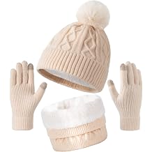 Winter Beanie Hat Circle Scarves Touchscreen Gloves Set, Valentines Day Gifts for Her Gloves Neck Warmer for Women
