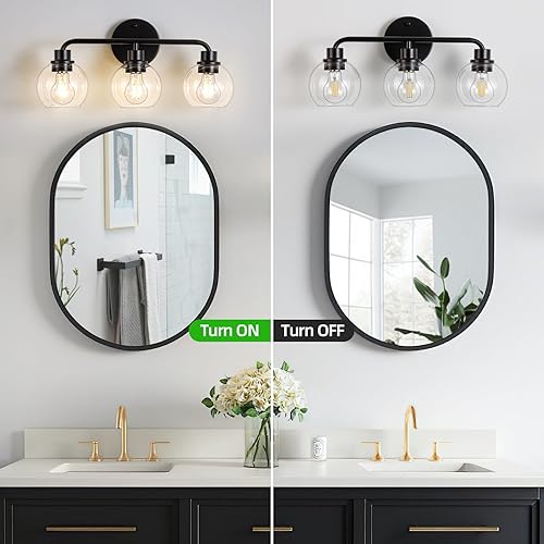 Miniatura 28 de Lámparas de baño doradas para tocador, 3 luces, apliques de pared, luces de latón cepillado con pantallas de vidrio transparente, lámpara de pared