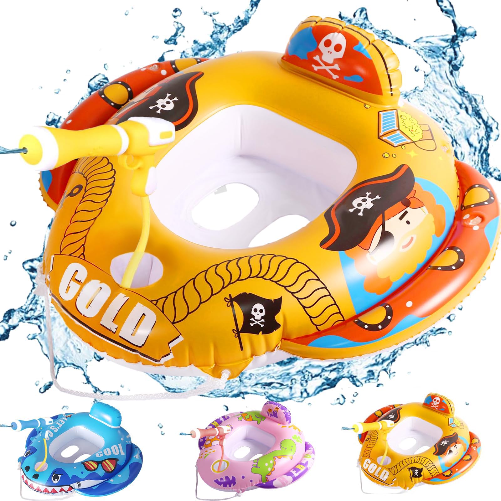 Natación Barca Hinchable Nadar Entrenador Trae Pistola Agua, Asiento de natación Inflable, Flotador de Natación para Bebé, Anillo de Natación para Niños Adecuado para 3-8 años