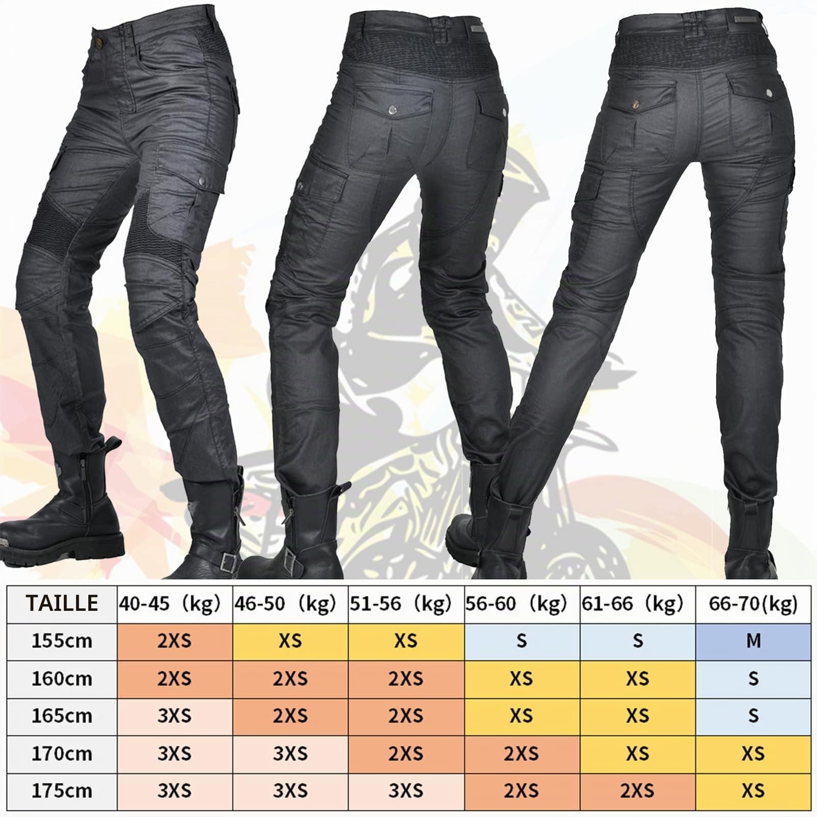 Jeans de Moto pour Femme Coupe-Vent Imperméable, Pantalon Enduit avec 2 Paires de Coussinets Amovibles pour Hanches et Genoux, Plusieurs Poches (Black, L)