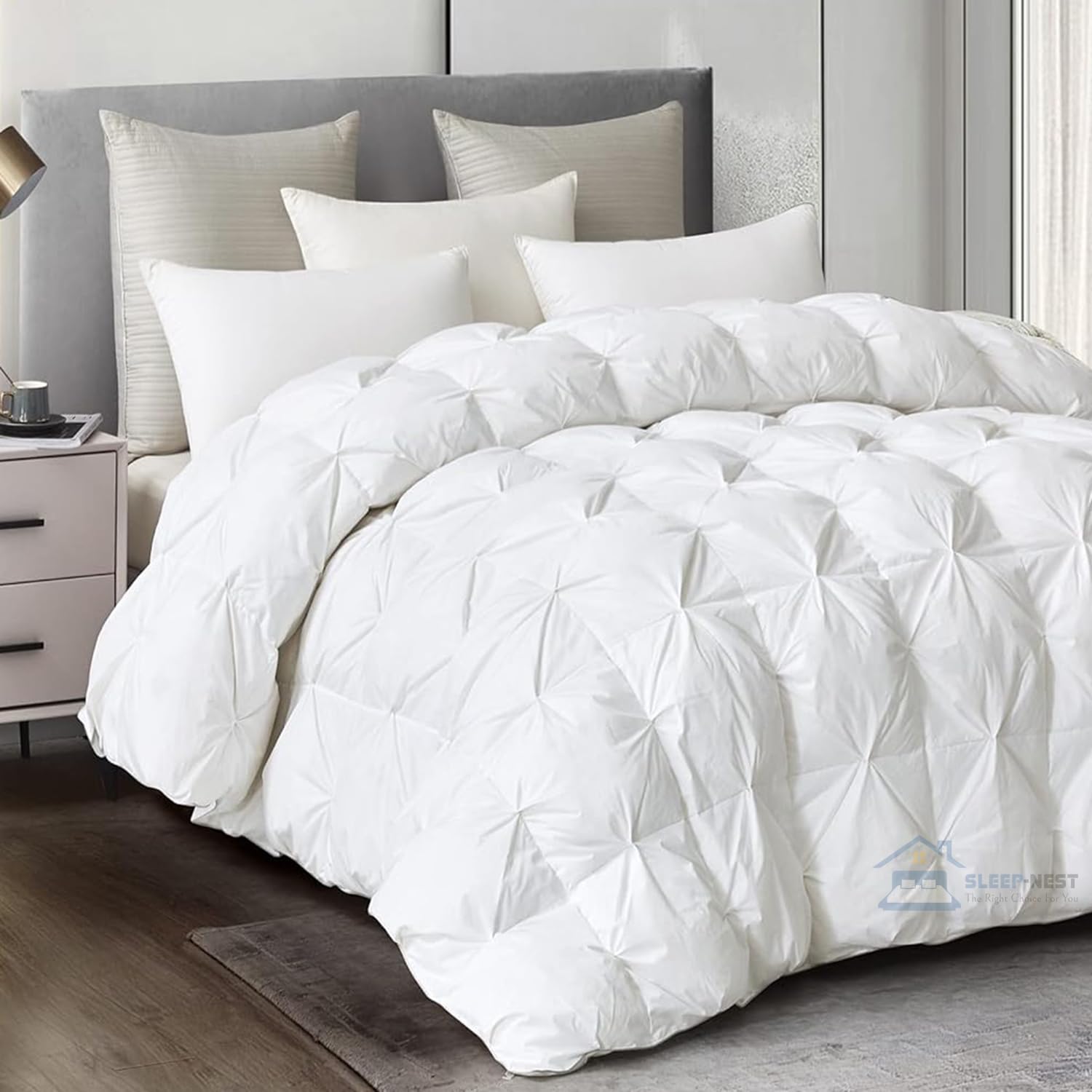 SLEEP-NEST Hotel Collection Down Alternative Pintuck Comforter with 8 Corner Tabs Eastern King 118 x 110 Size 1 Piece Pinch Pleated Duvet Insert 400 GSM All Season Home Decor, White