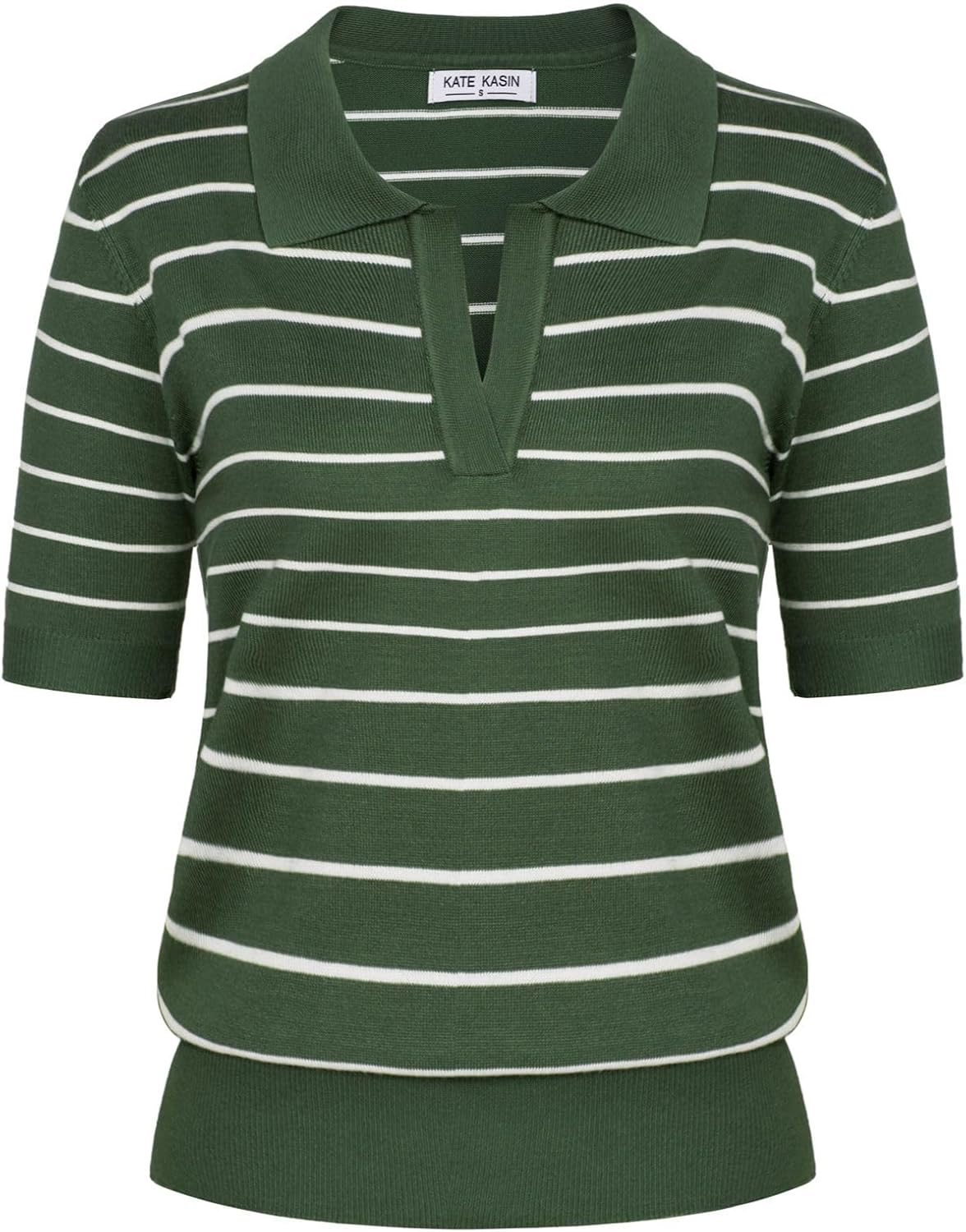 Kate Kasin Women Short Sleeve Polo Sweater V Neck Knitted Tops Casual Ribbed Shirt Loose Pullover Sweater